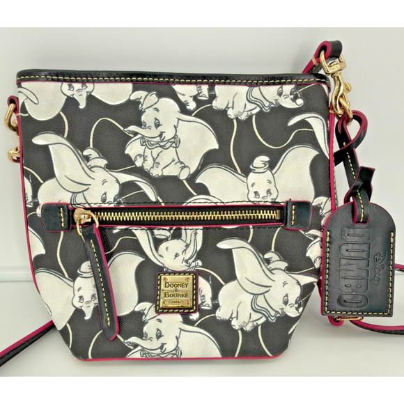 Disney Dooney & Bourke Dumbo Black White Pink Small Zip Sac Crossbody Retired - Picture 1 of 14